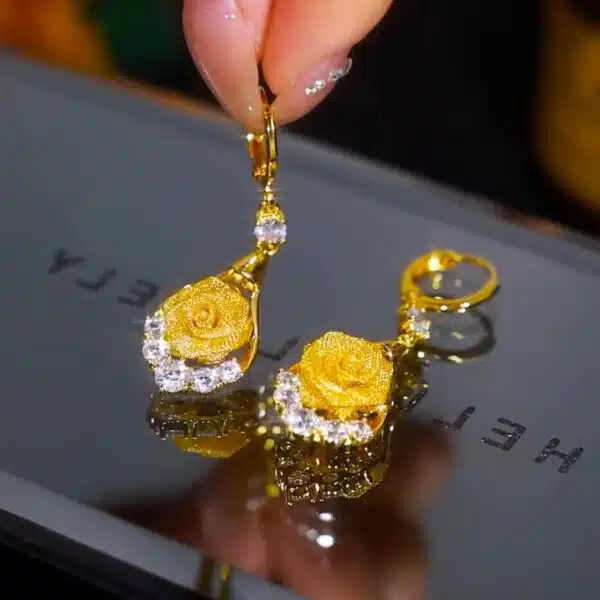 Rose Flower Diamond Earrings - Image 2
